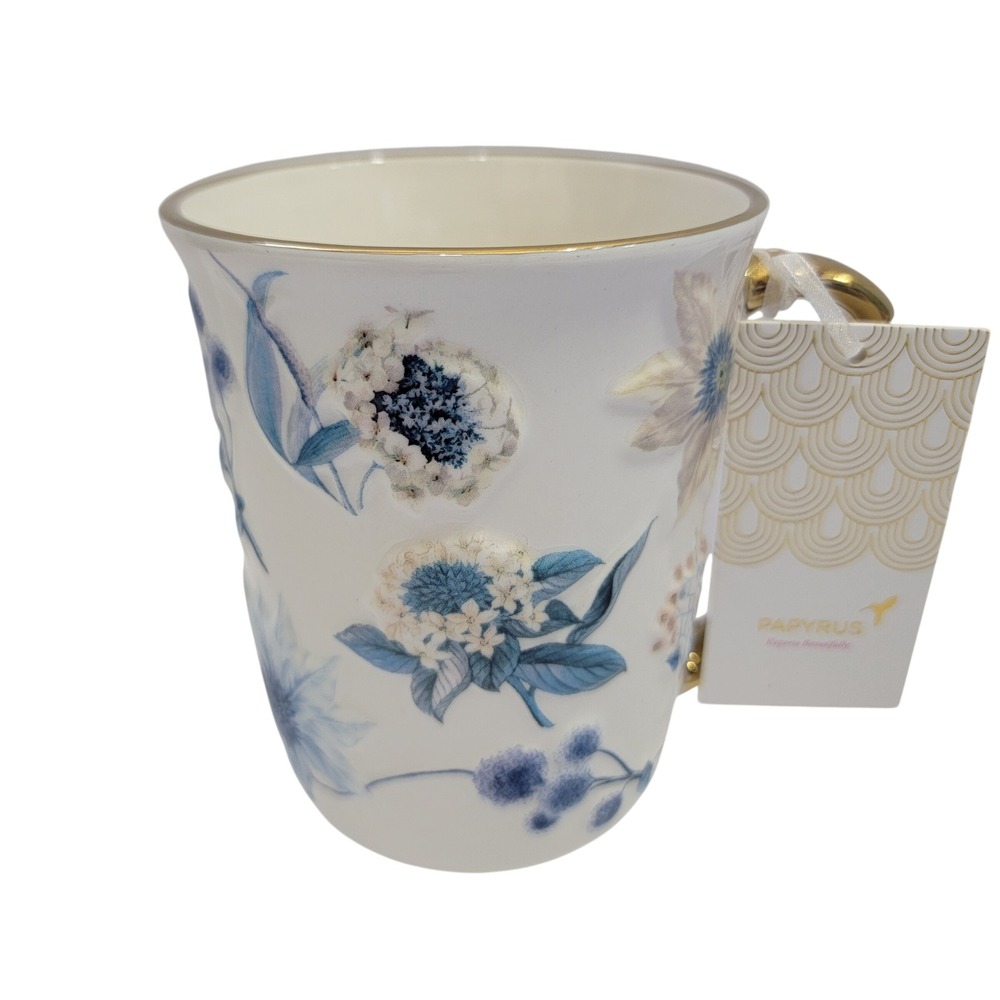 NWT Papyrus Blue Creme 3D Florals Ceramic Mug Gold Trim Embossed Botanical
